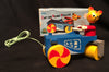 Vintage Japan Wooden Cat On Road Roller Pull Toy
