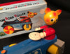 Vintage Japan Wooden Cat On Road Roller Pull Toy