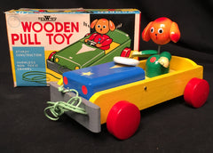 Vintage Japan Wooden Dog In Jeep Pull Toy