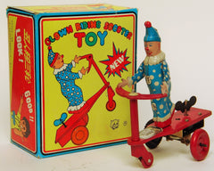 Vintage Tin Wind Up Roli Zoli Clown Riding Scooter