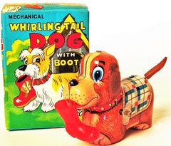 Vintage Yanoman Japan Tin Wind Up Dog With Whirling Tail With Boot