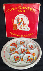 Vintage Japan Tin Rooster Coaster And Serving Tray Set